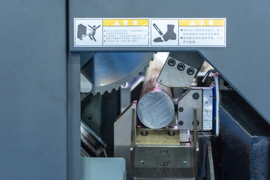 Detailed view of a metal cutting machine in operation, showcasing industrial machinery.